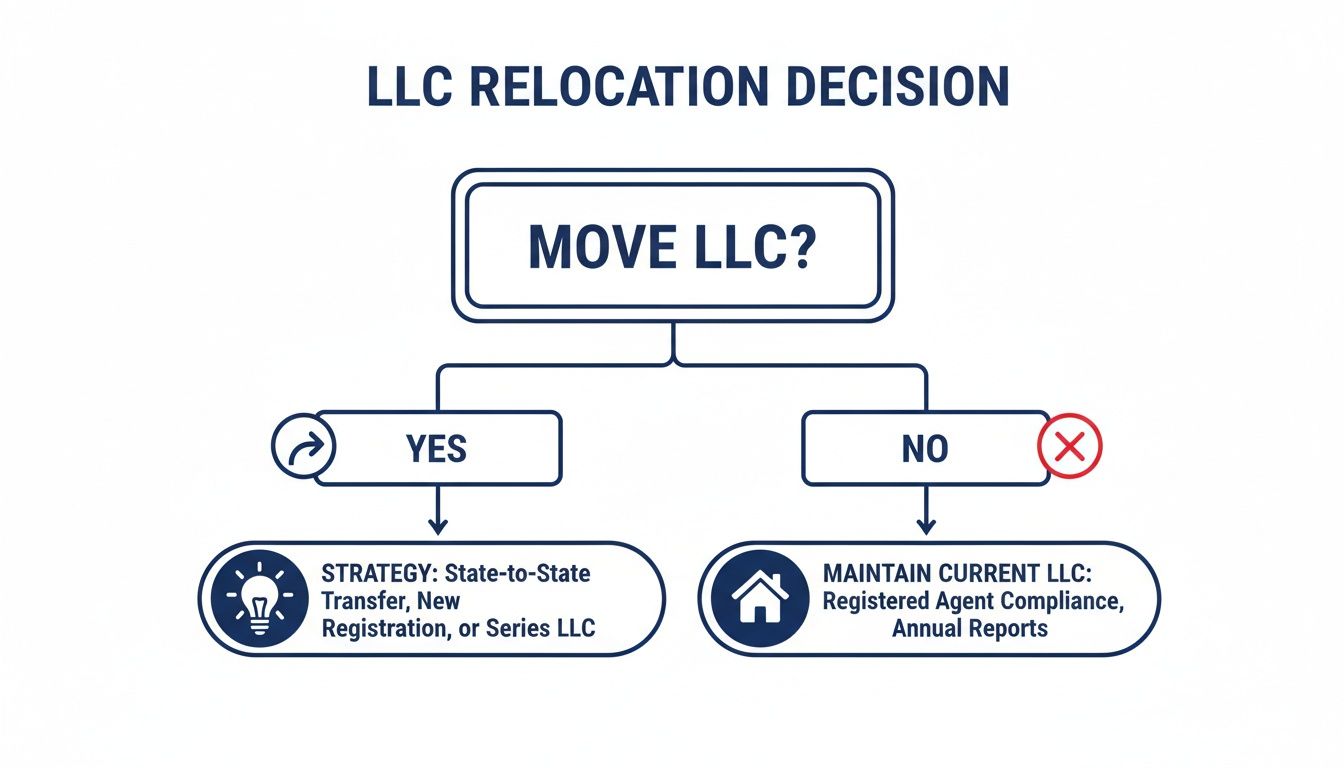 Flowchart guiding LLC relocation decisions, offering options for moving or maintaining the LLC.