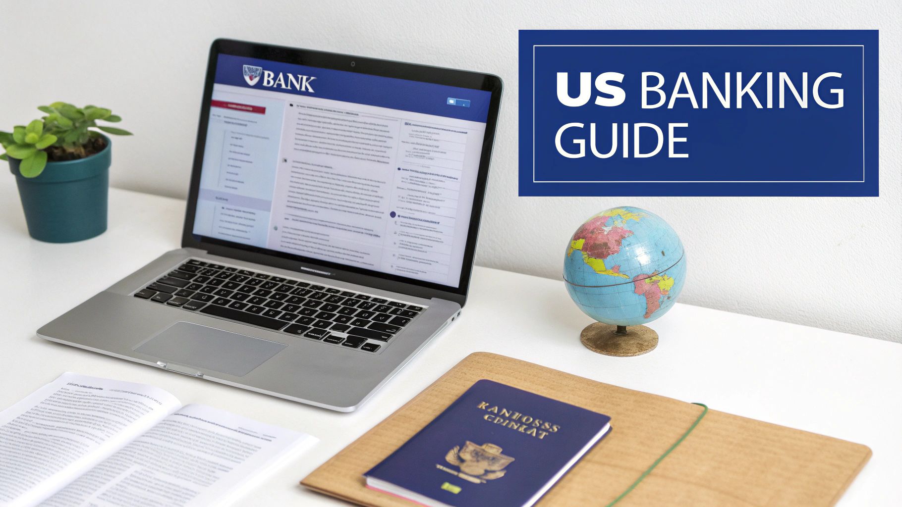 A desk setup with a laptop showing a bank website, a globe, and a passport, with a 'US BANKING GUIDE' text overlay.