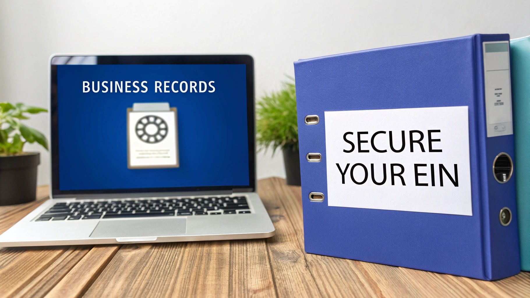 A laptop screen displaying 'BUSINESS RECORDS' next to a blue binder labeled 'SECURE YOUR EIN' on a wooden desk.