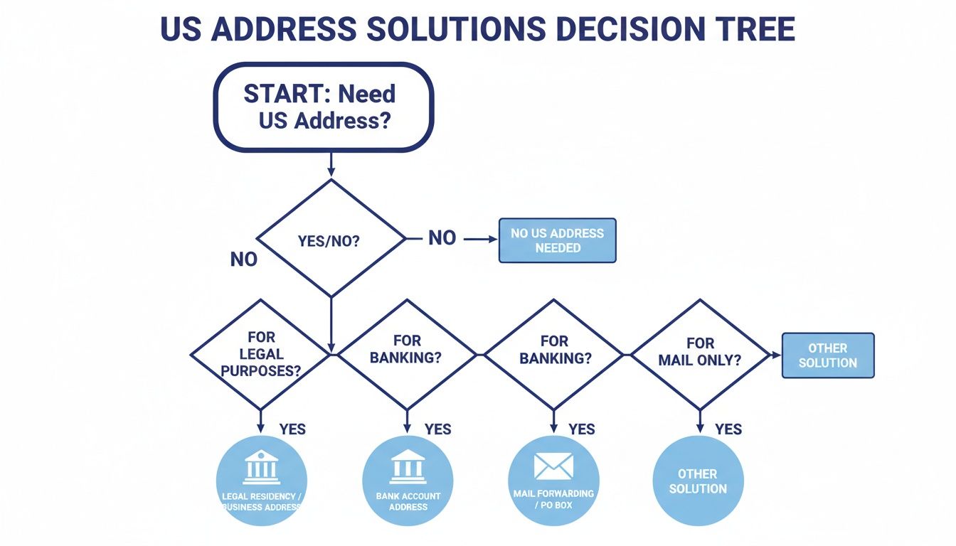 Decision tree flowchart illustrating US address solutions for legal, banking, and mail forwarding needs.