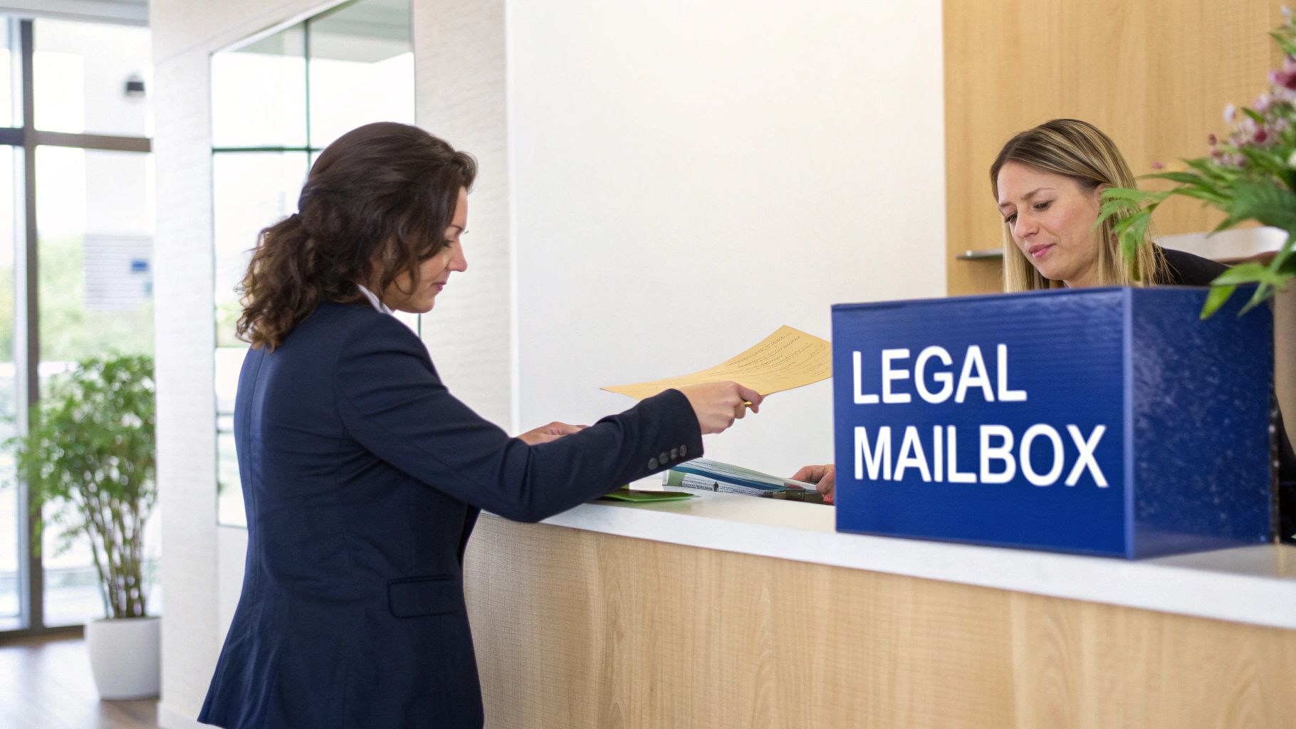 A woman in a dark suit hands legal documents to a receptionist at an office desk with a "Legal Mailbox" present.