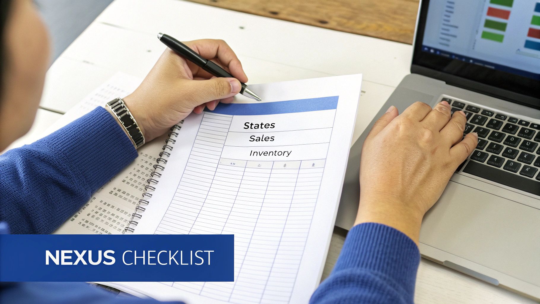 Person analyzing sales and inventory data on a checklist form while using a laptop.