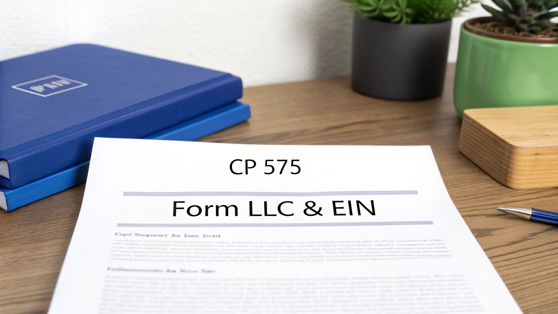 A document titled 'CP 575 Form LLC &amp; EIN' on a wooden desk, with notebooks and plants.