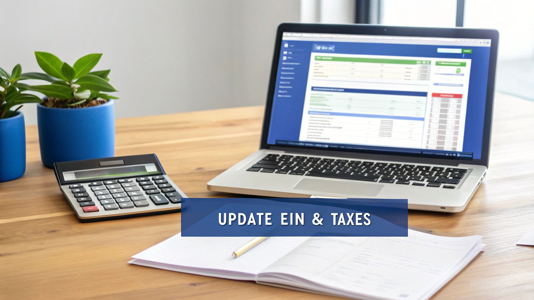 A desk setup with a laptop showing tax software, calculator, and plants, displaying 'UPDATE EIN &amp; TAXES'.