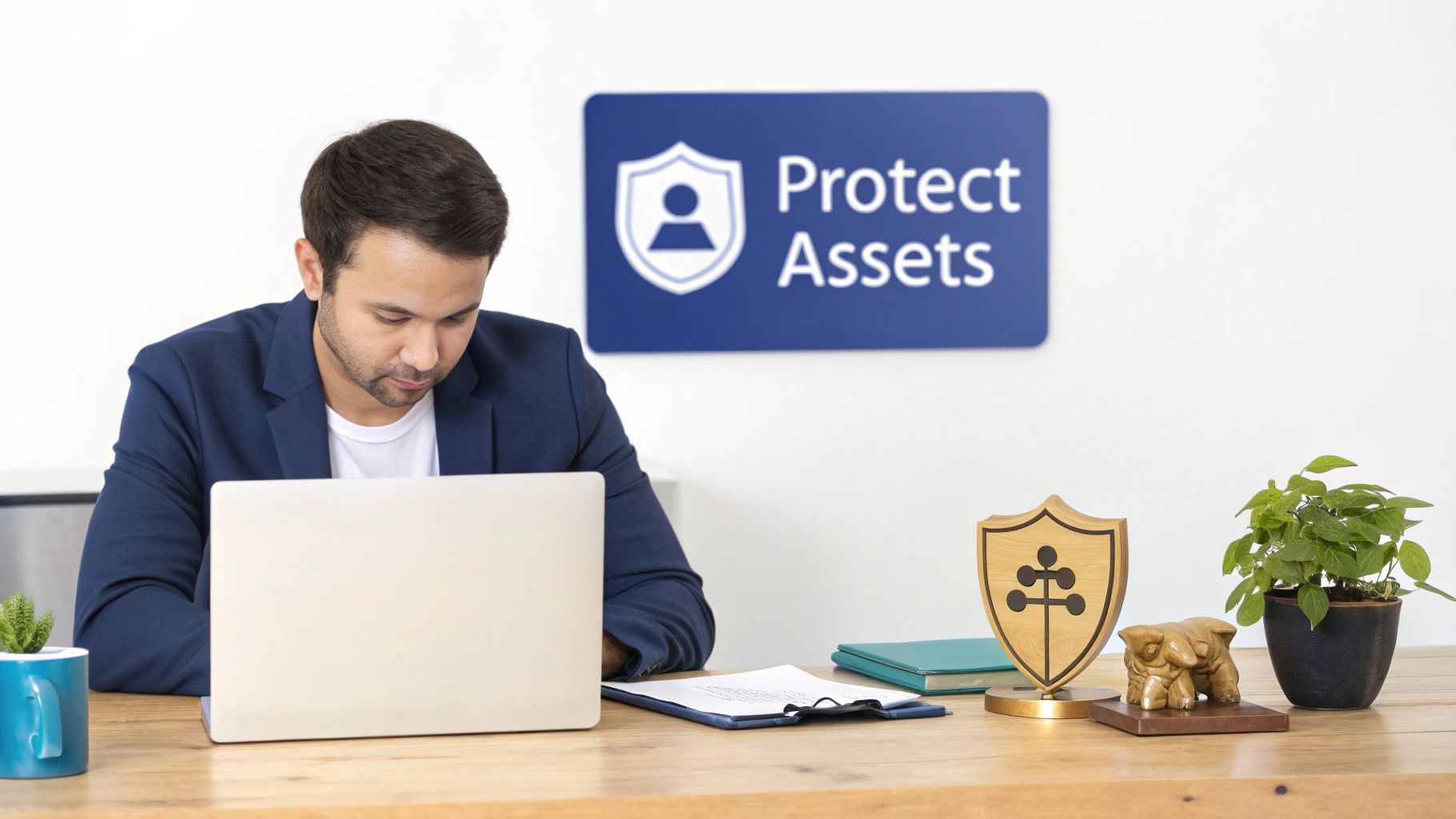 A man in a suit working on a laptop at a desk, with a 'Protect Assets' sign on the wall.