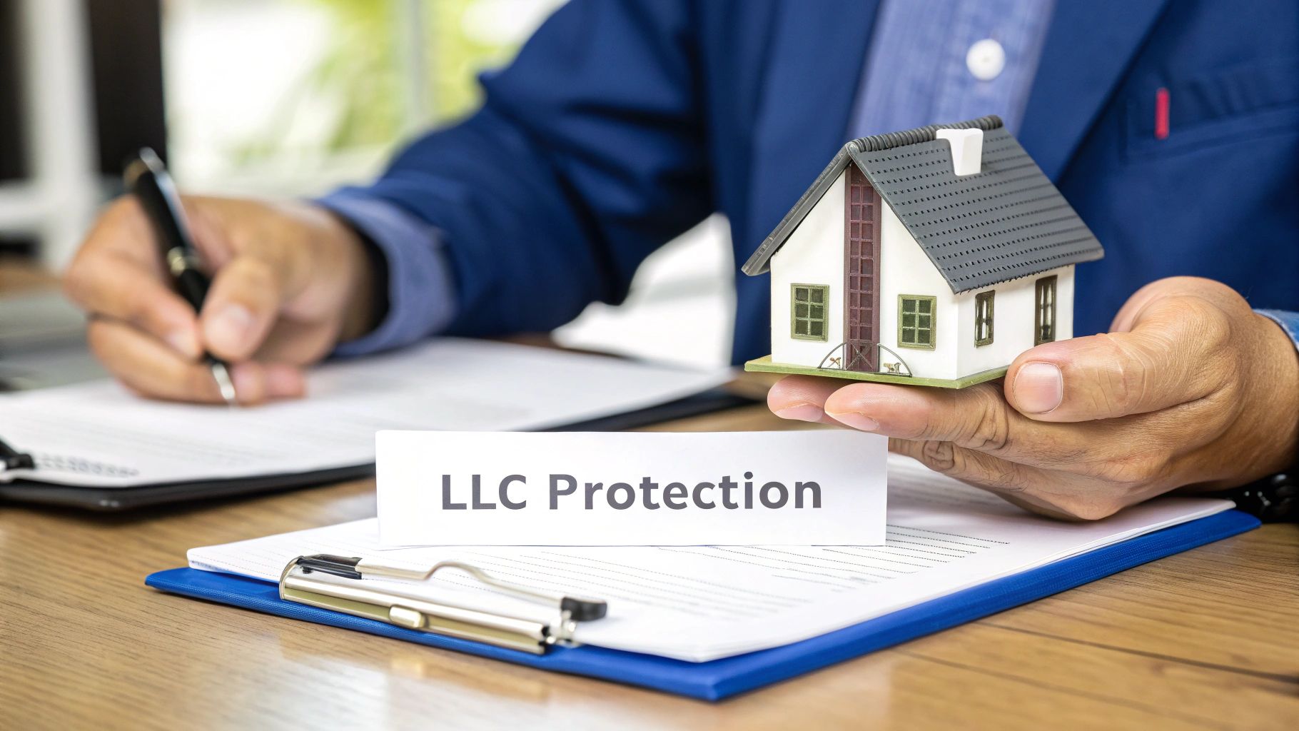 Businessman holding a house model with 'LLC Protection' card, while signing legal documents.
