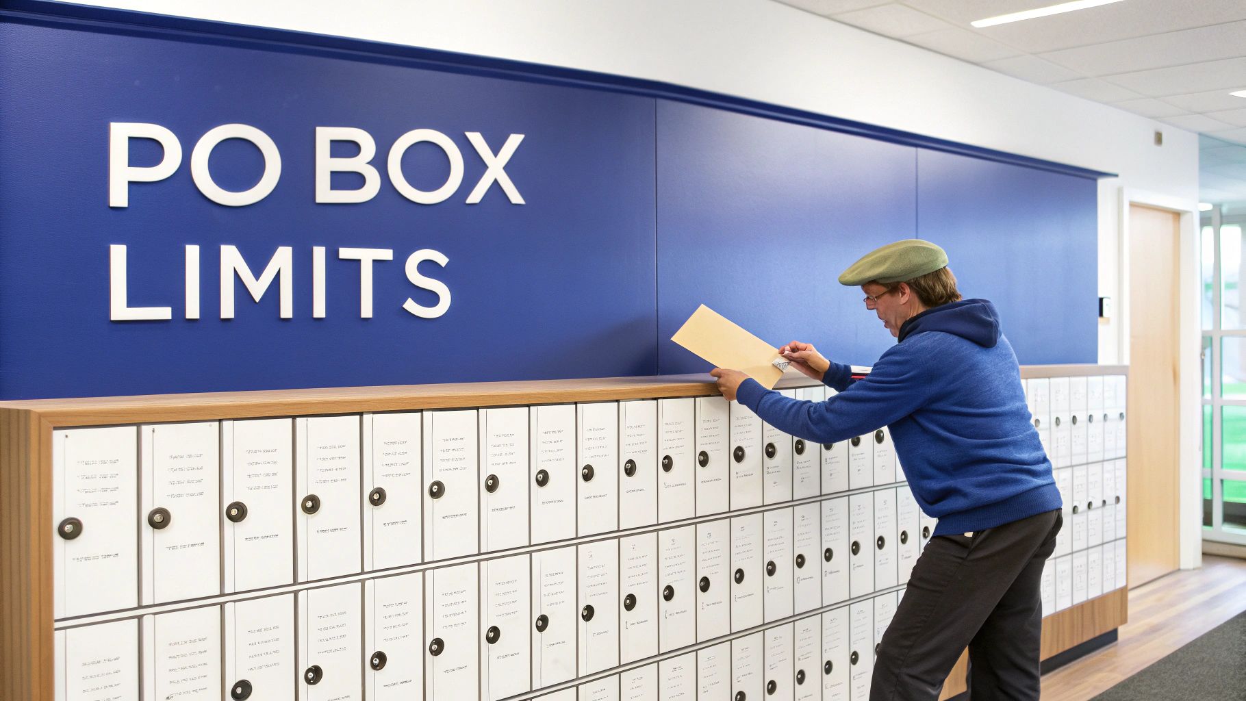 A man in a blue hoodie inserts an envelope into a PO Box at a facility with a "PO BOX LIMITS" sign.