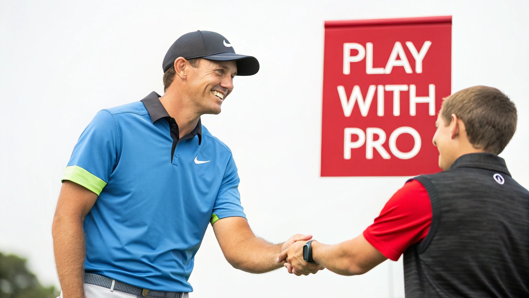 A smiling professional golfer in a blue Nike shirt and cap shakes hands with another man outdoors.