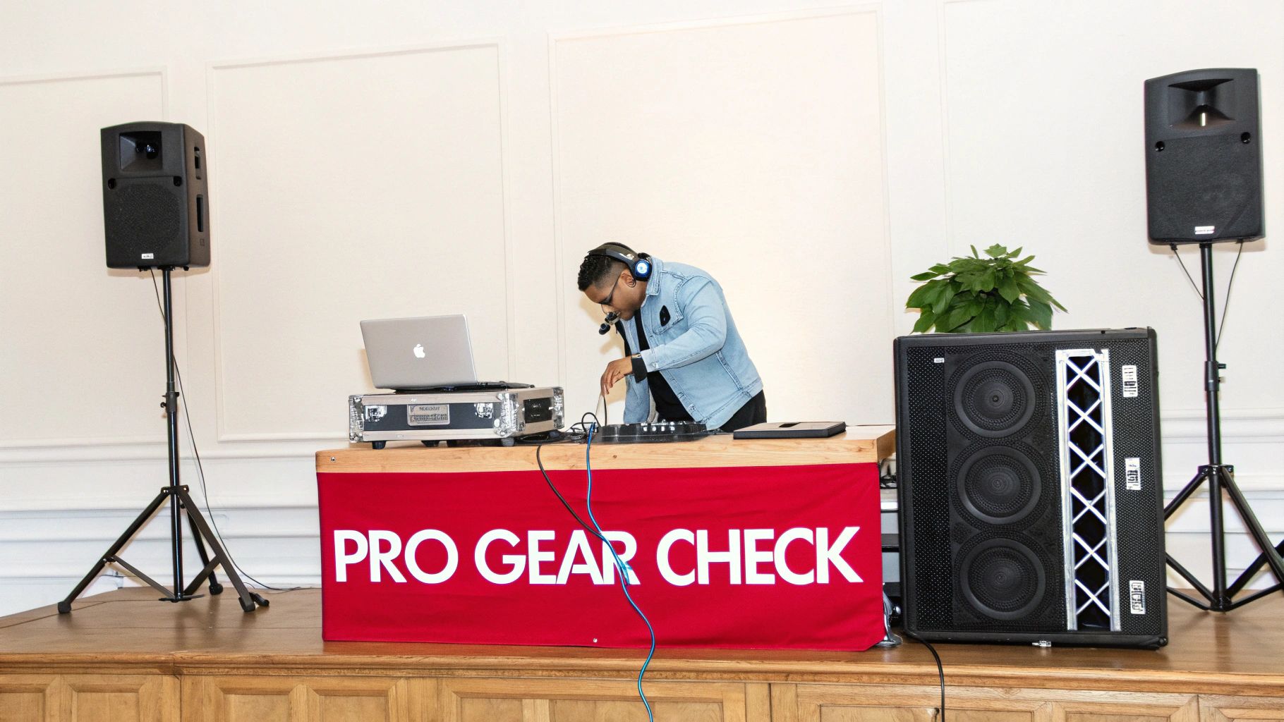 A professional wedding DJ at a mixing console with dynamic lighting in the background.