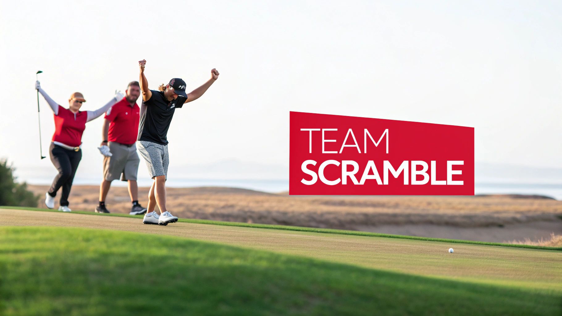 Three happy golfers celebrate a successful shot on a green with a 'Team Scramble' logo.