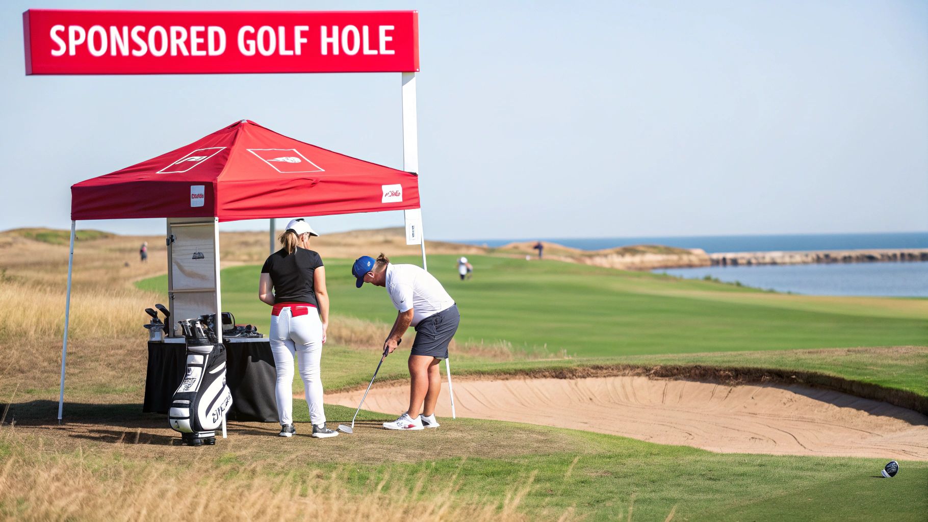 Golfers prepare at a sponsored golf hole with a red tent, equipment, and ocean view.