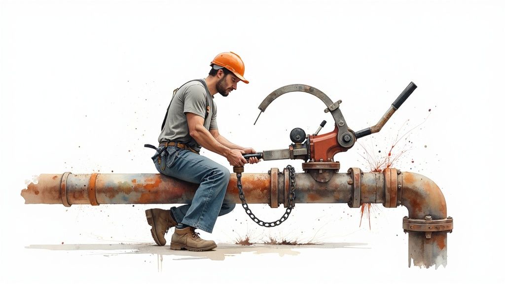 A plumber is carefully tightening a no-hub coupling on a new section of pipe, connecting it to an old cast iron drain line.