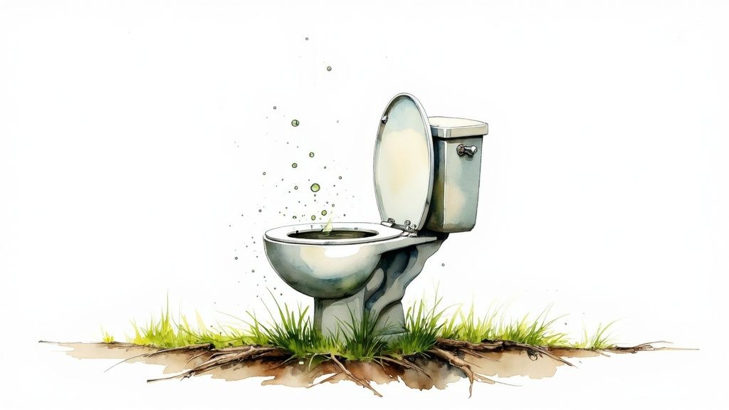 A magnifying glass hovering over a drain, symbolizing the inspection for root intrusion symptoms