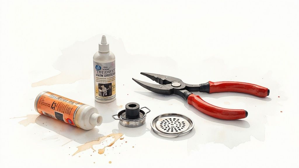 A person's hands installing a new kitchen sink strainer with plumber's putty