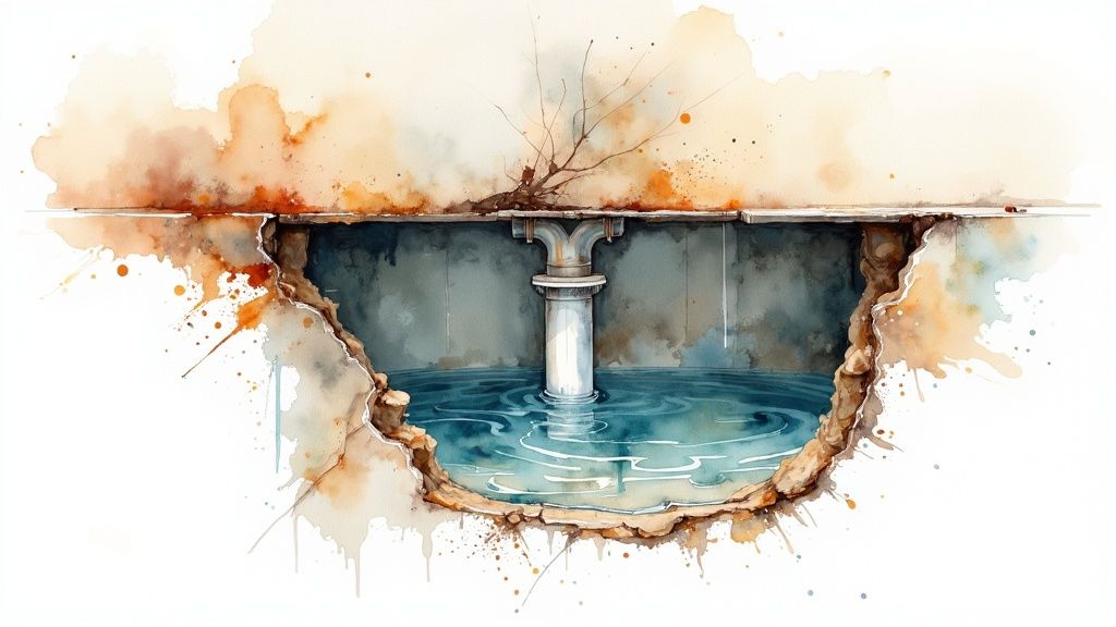 A close-up view of a P-trap pipe under a sink, illustrating its U-shape.