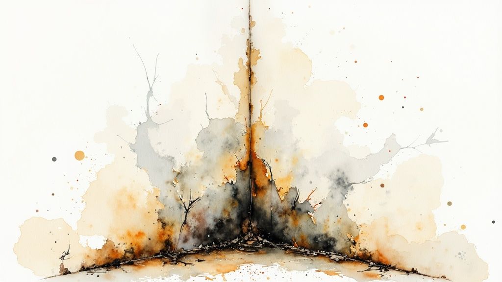 A close-up shot of a significant crack running up a home's foundation wall.