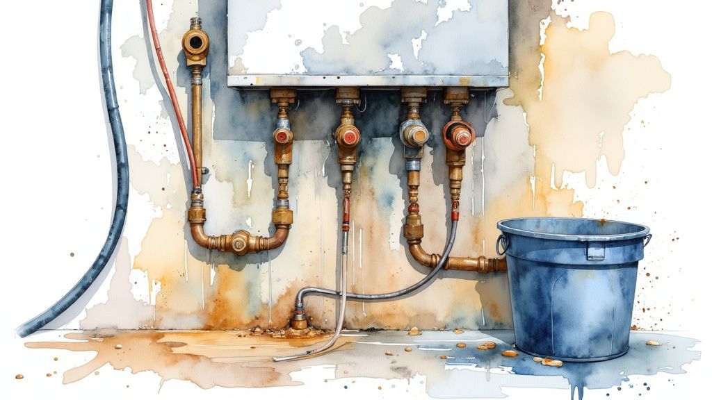 Close-up of a tankless water heater being serviced, with tools and a bucket nearby