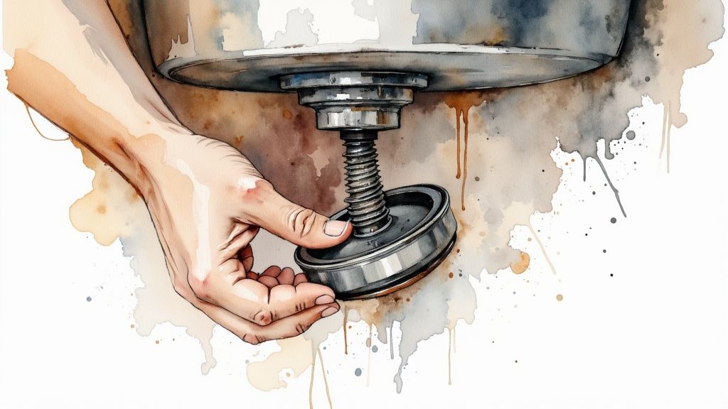 Channel-lock pliers loosening the P-trap under a kitchen sink.