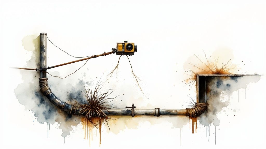 A professional plumber uses a specialized tool to clear a drainpipe