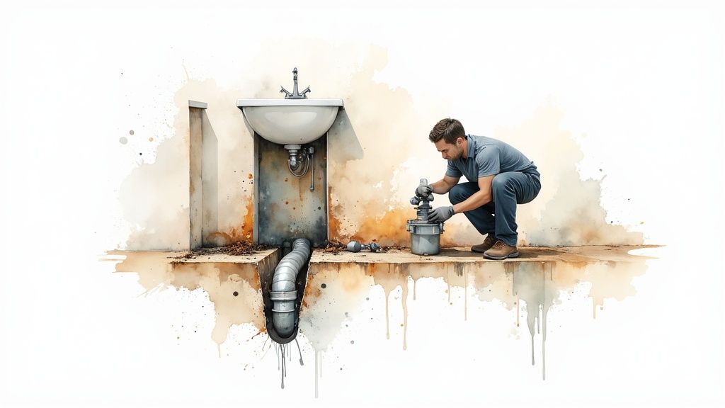 A plumbing vent stack extending through a residential roof against a clear sky.