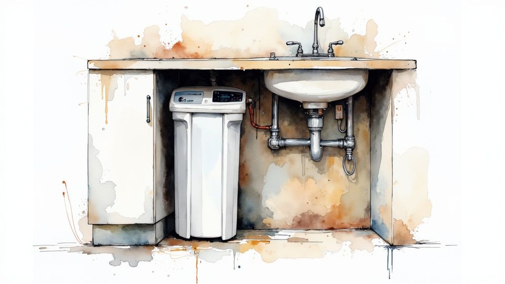 A plumber works on connecting pipes for a residential water softener system.