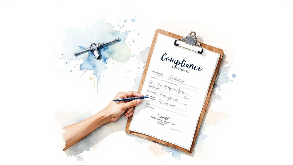 Certified plumber checking credentials on a tablet.