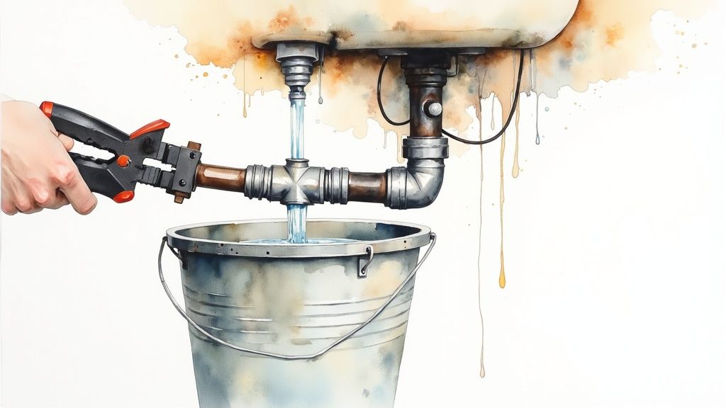 A person using channel-lock pliers to loosen the P-trap pipe under a kitchen sink.