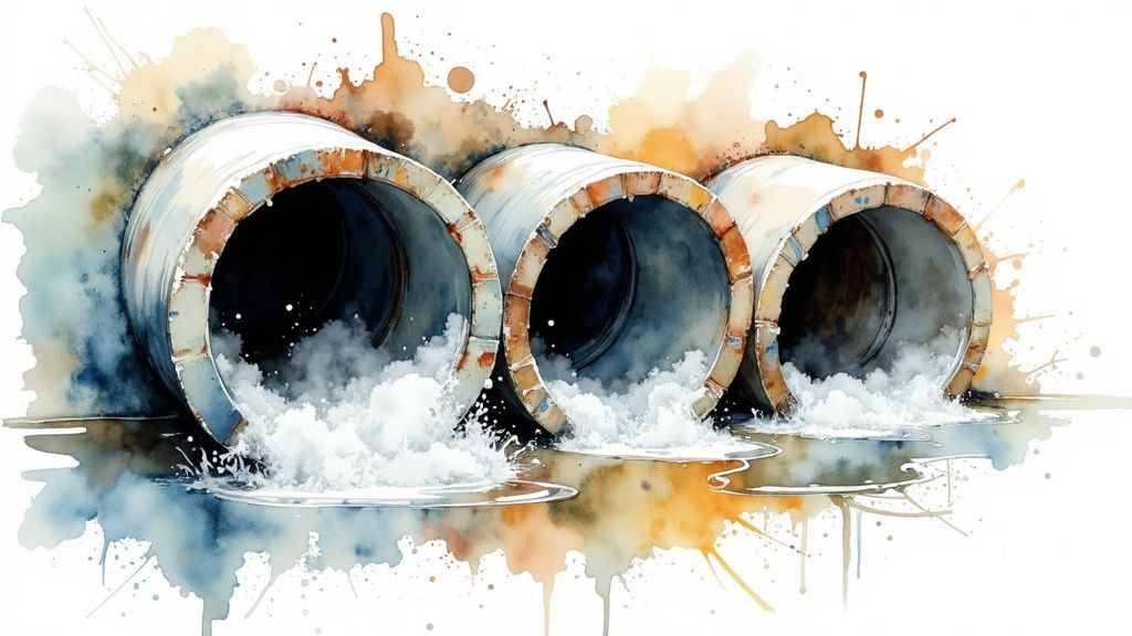 A collection of plumbing tools including wrenches and pipe cutters laid out neatly.