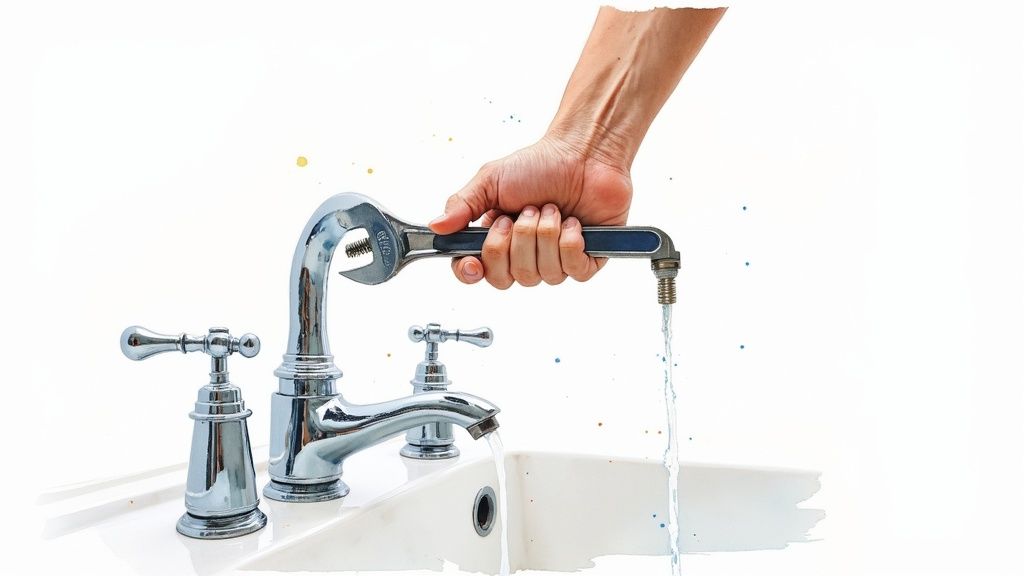 A close-up shot of a wobbly bathtub faucet handle with water dripping from its base, indicating an installation problem.