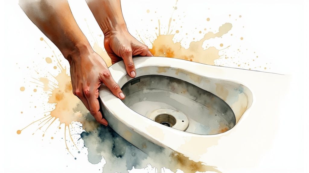 A person checking for leaks around the base of a newly installed toilet.