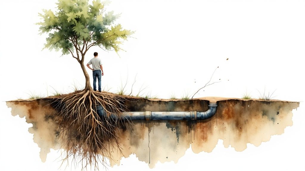 Close-up of a tree root system beginning to invade an underground pipe