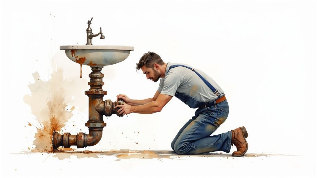 A close-up of a rusted and cracked cast iron pipe, showing signs of corrosion and wear.