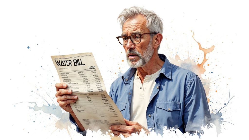 A person studying their water utility bill with a magnifying glass.