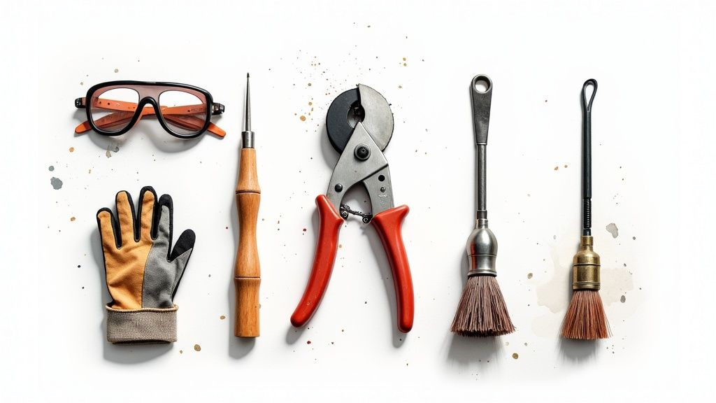 A collection of plumbing tools, including pipe cutters, wrenches, and safety gear, laid out on a clean work surface.