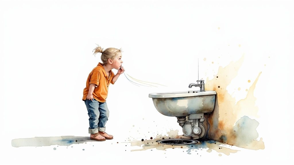 A close-up view of a P-trap underneath a sink, illustrating the U-shaped pipe.