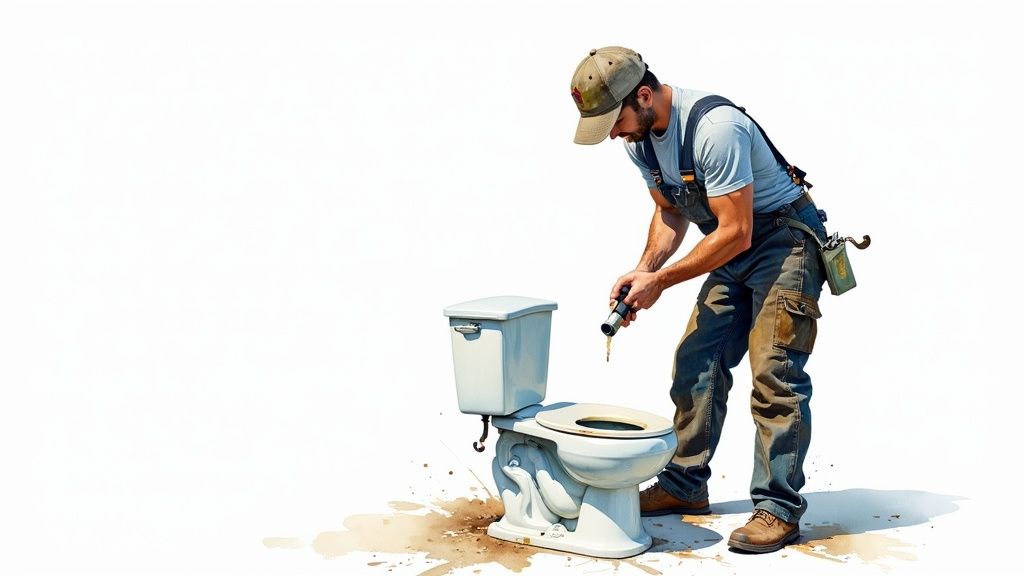A person disconnecting the water supply line from a toilet tank.