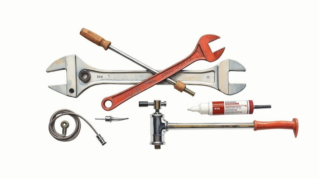 A collection of plumbing tools including wrenches, plumber's putty, and supply lines neatly arranged on a workbench.