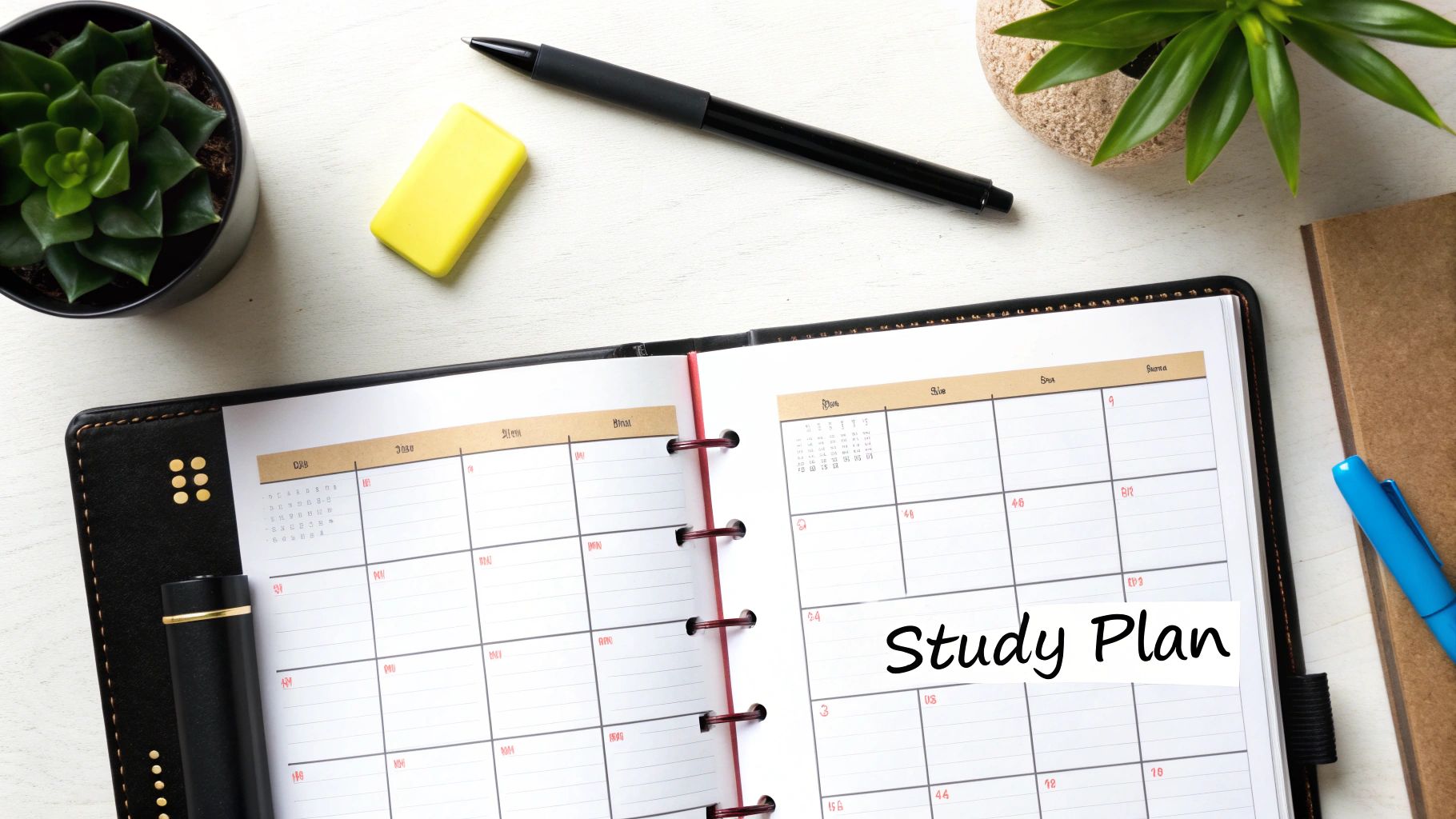 An organized desk with an open planner displaying 'Study Plan,' a pen, eraser, and potted plants.