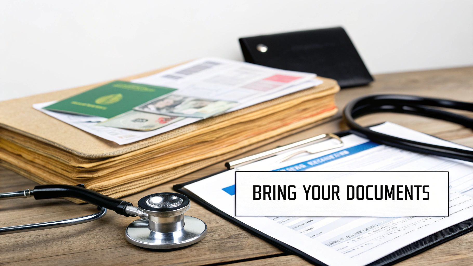 A desk with a stethoscope, stacked documents, passport, money, and a clipboard displaying 'BRING YOUR DOCUMENTS'.