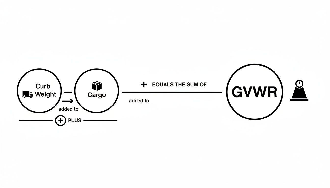 A diagram illustrating that Curb Weight plus Cargo equals Gross Vehicle Weight Rating (GVWR), with a scale icon.