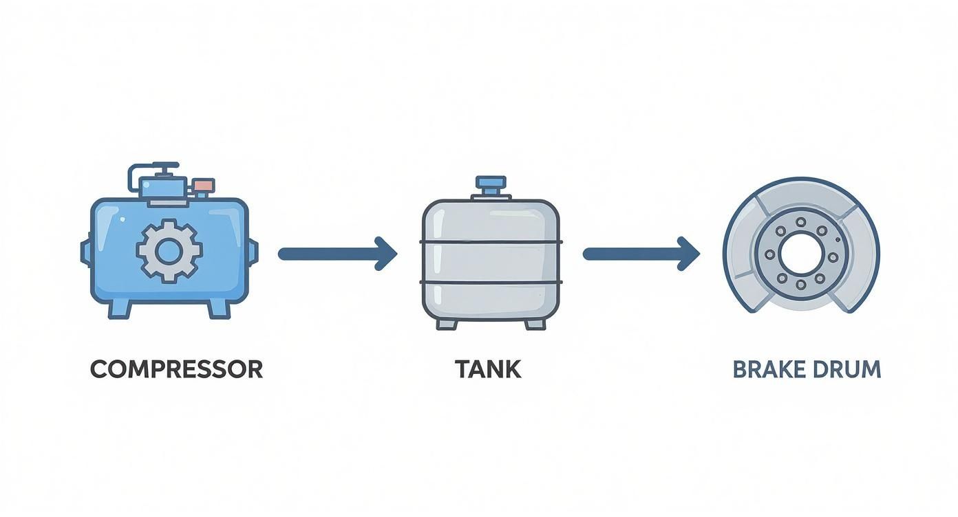 Air brake system diagram showing compressor, storage tank, and brake drum components in sequence