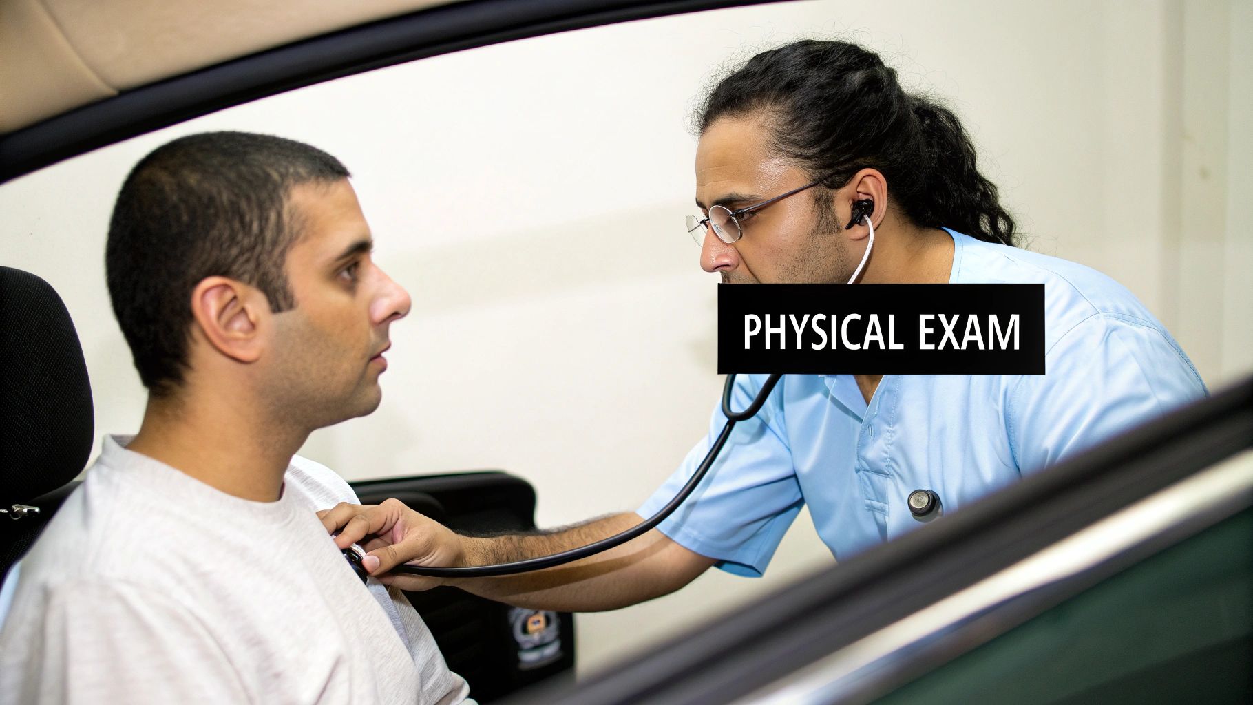 A doctor in scrubs uses a stethoscope to perform a physical exam on a male patient.