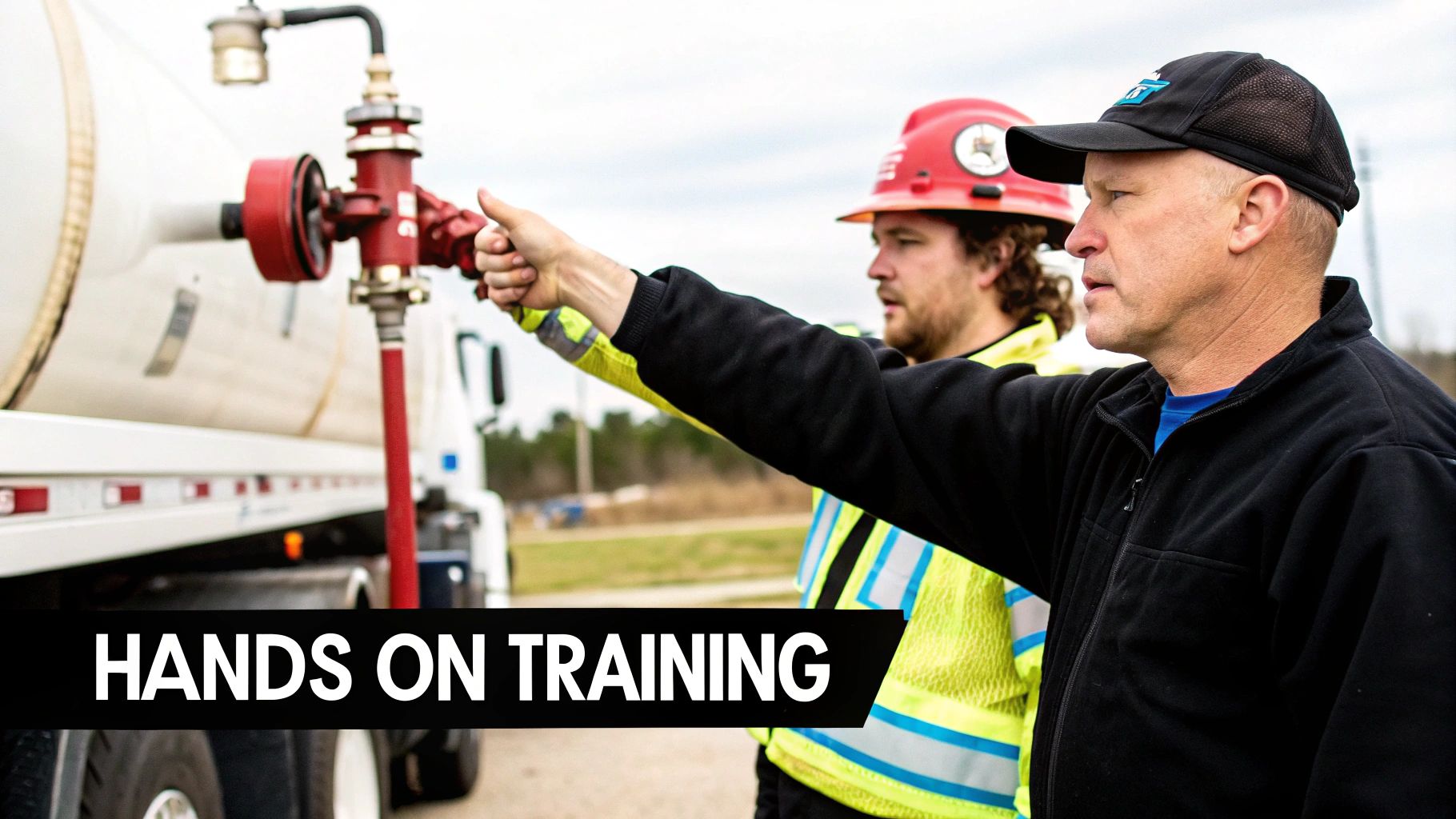 Two men demonstrating hands-on training with a tanker truck and its red hose equipment.