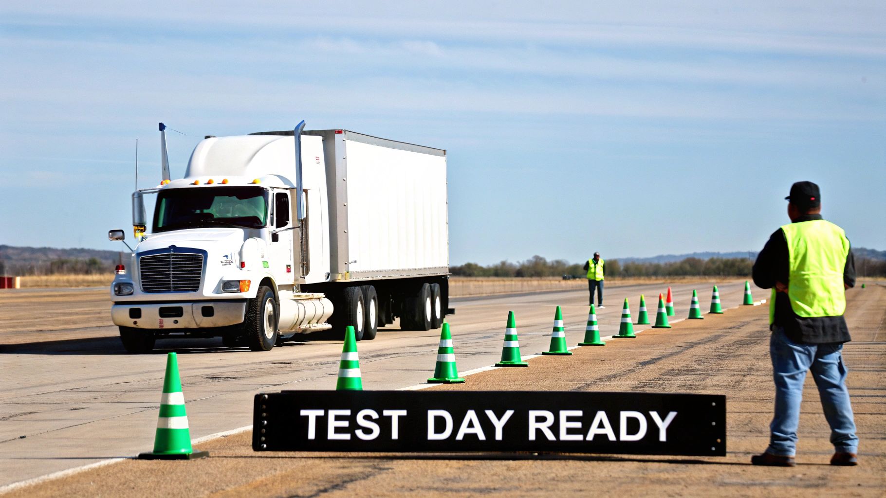 A semi-truck on a driving course with cones, two people, and a 'Test Day Ready' sign.
