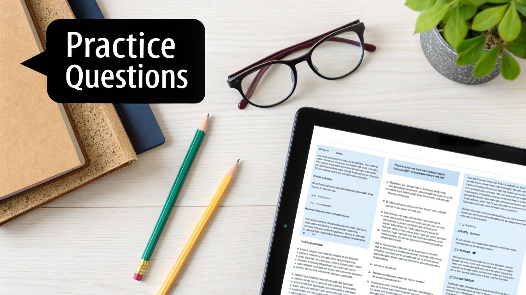 Desktop with 'Practice Questions' banner, notebooks, pencils, glasses, tablet, and a plant.