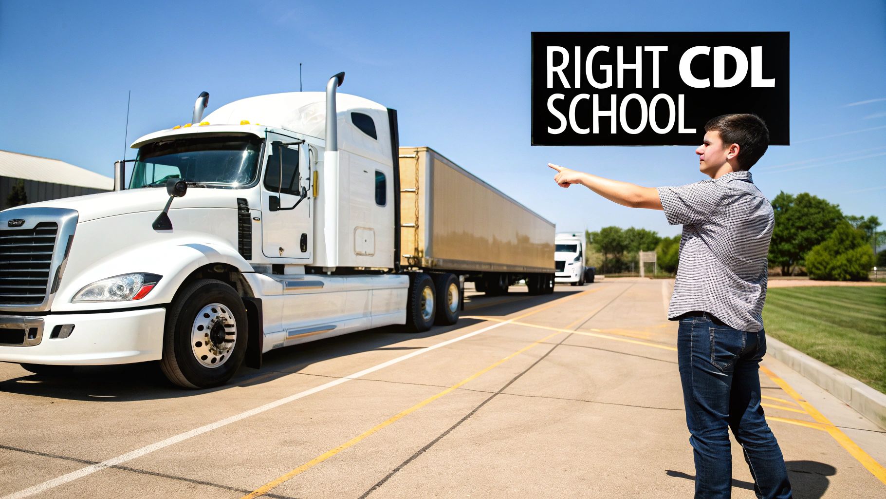A young man points at a white semi-truck with 'RIGHT CDL SCHOOL' text above.