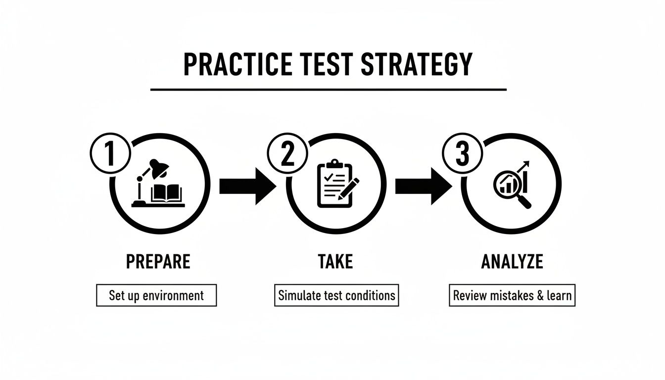 Infographic detailing a practice test strategy with steps to prepare, take, and analyze for improvement.