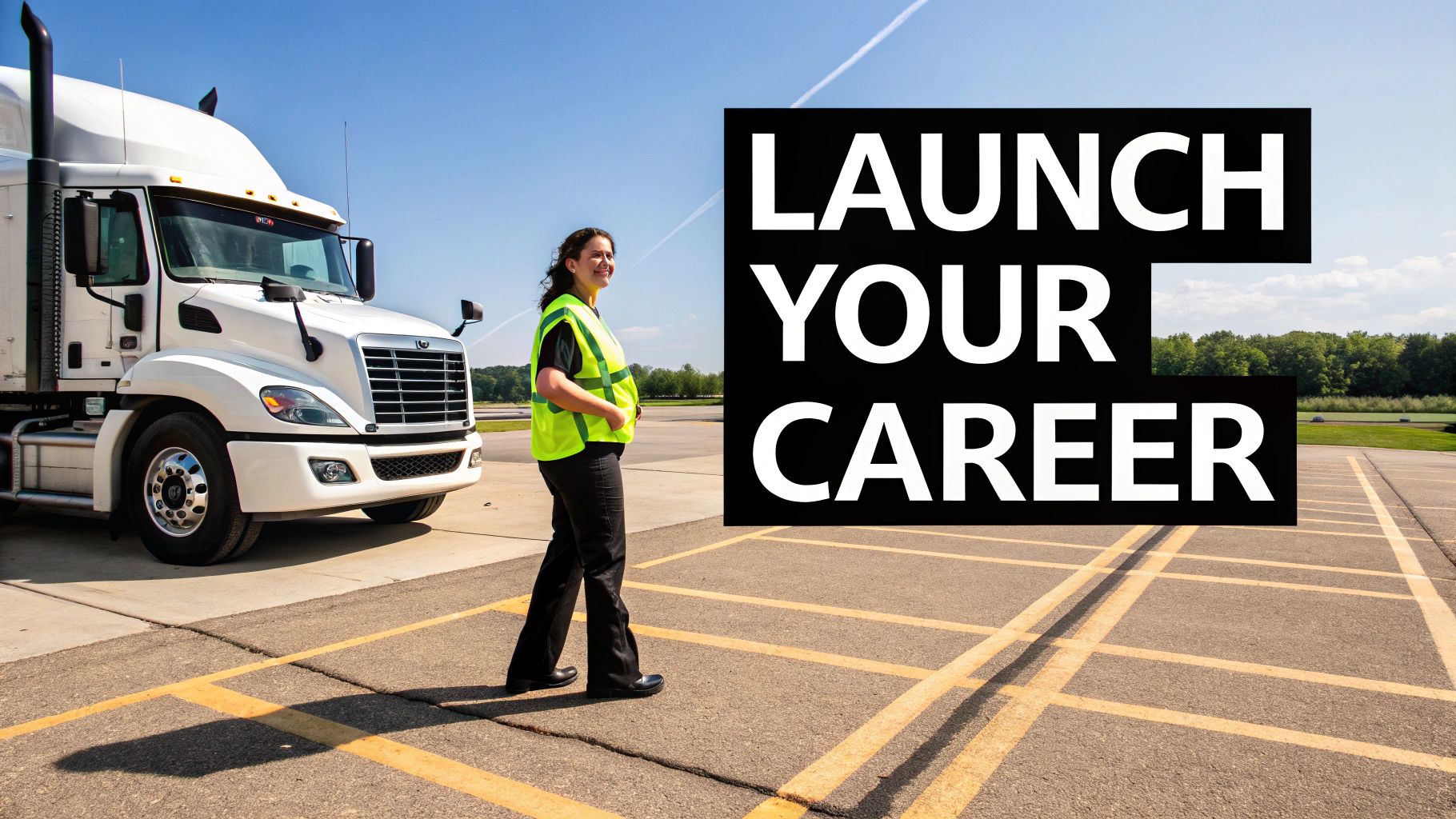 A professional truck driver smiling confidently from the driver's seat of a large semi-truck.