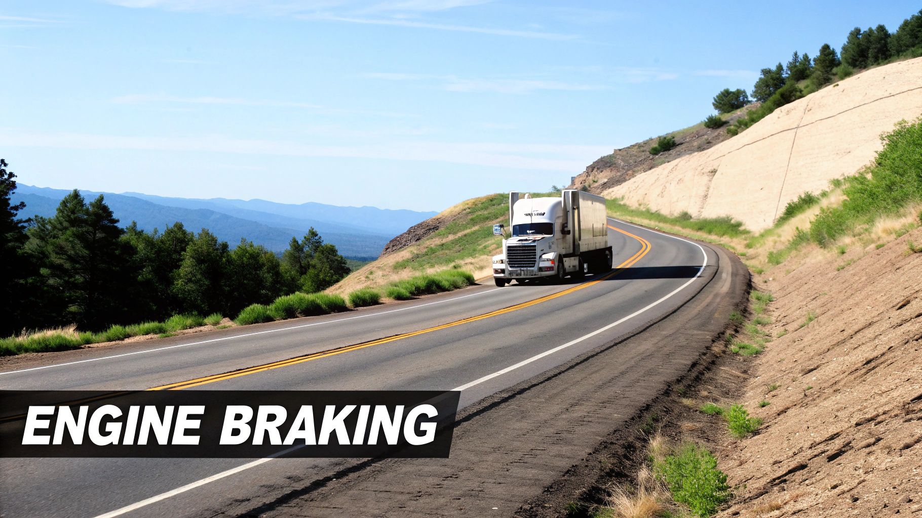 A white semi-truck drives down a winding mountain road with green trees and distant blue peaks under a clear sky. Text overlays read "ENGINE BRAKING".