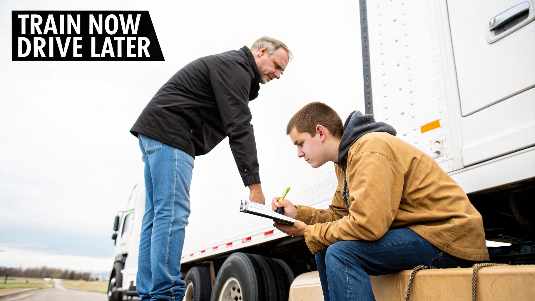 Instructor helps a young student complete trucking paperwork beside a large white semi-truck.
